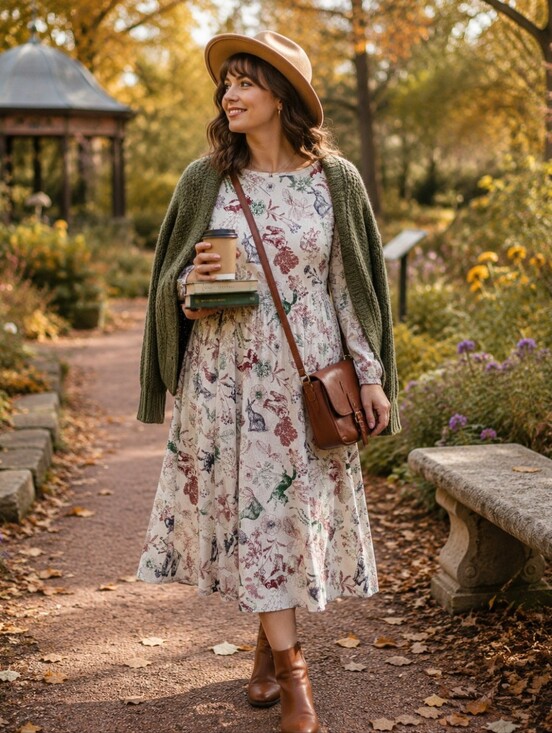Modcloth Dresses & Skirts - ModCloth Woodland Animal Botanical Fit & Flare Midi Dress XL Long Sleeve Lined
